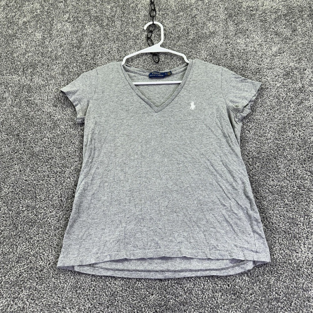 Polo Ralph Lauren Shirt Womens S Gray V Neck Logo T Shirt Casual Basic